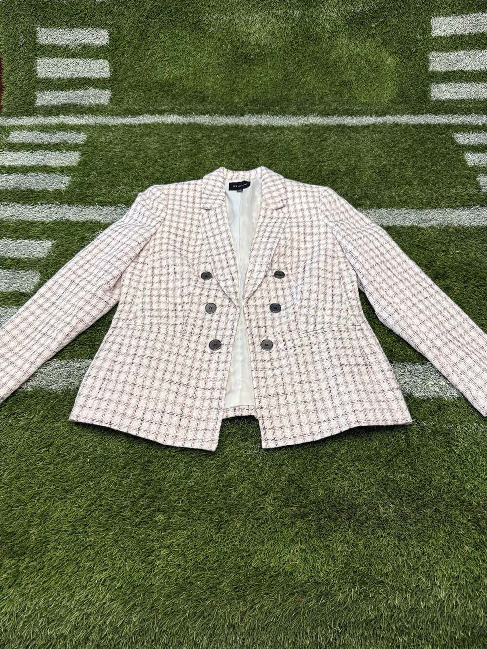 The Limited Pink and White Checkered Double-Breasted Tweed Blazer
